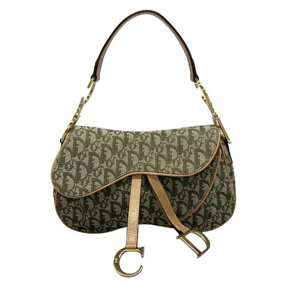 Auth DIOR/ChristianDior Double Saddle Bag Khaki Beige Jacquard Leather Handbag - Picture 1 of 16